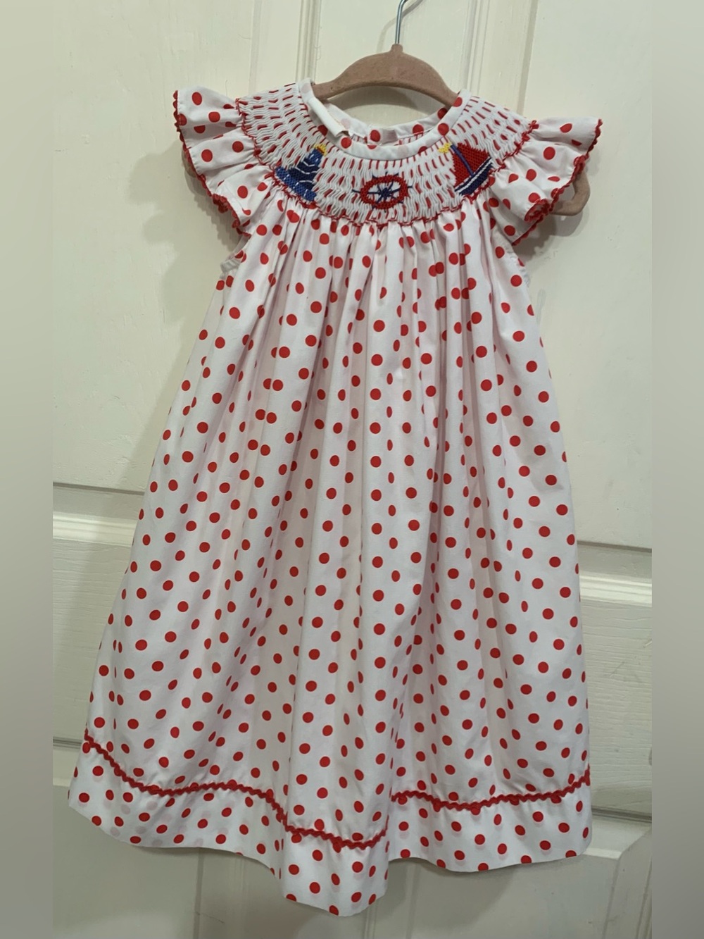 Smocked Giraffe Infant White Red Polka Dot Nautical 18mon Dress.          3487
